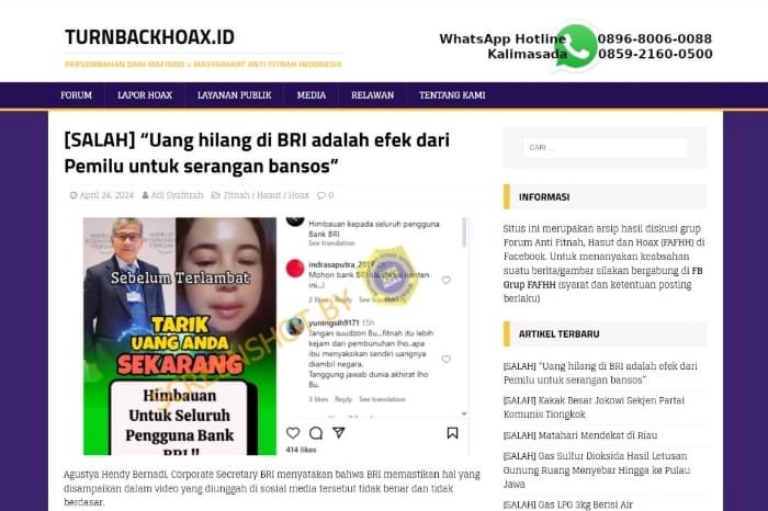 Tangkapan layar video hoax perihal video “Tarik Uang Anda Sekarang, Himbauan Untuk Seluruh Pengguna Bank BRI” yang diungganh oleh akun Instagram dan tiktok @rama_news dengan sumber konten tiktok @widia_pengamatpolitik. 