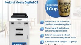 Sebagai upaya untuk meningkatkan awareness keberadaan mesin Digital CS, saat ini BRI menggelar program dengan membuka Tabungan BRI Melalui Mesin Digital CS, nasabah juga bisa menikmati promo free satu cup kopi di.bawahtangga. (Dok. BRI)