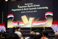 Presiden RI Prabowo Subianto saat meluncurkan layanan Bank Emas pertama di Indonesia pada Rabu (26/2/2025) di The Gade Tower, Jakarta Pusat.
